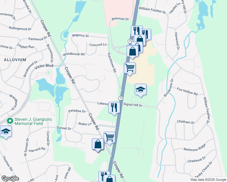 map of restaurants, bars, coffee shops, grocery stores, and more near 111 New Jersey 73 in Voorhees Township