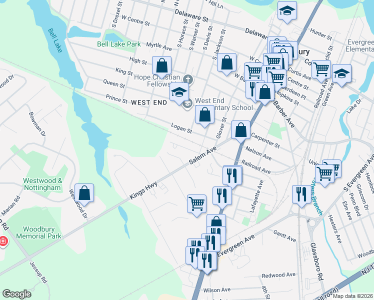 map of restaurants, bars, coffee shops, grocery stores, and more near 536 Salem Avenue in Woodbury