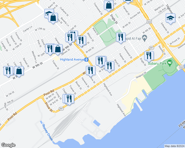 map of restaurants, bars, coffee shops, grocery stores, and more near 2831 West 3rd Street in Chester