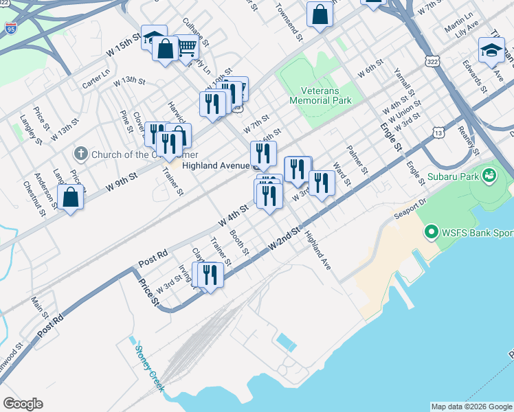 map of restaurants, bars, coffee shops, grocery stores, and more near 2926 West 3rd Street in Chester