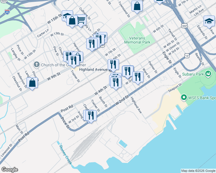map of restaurants, bars, coffee shops, grocery stores, and more near 2926 West 3rd Street in Chester