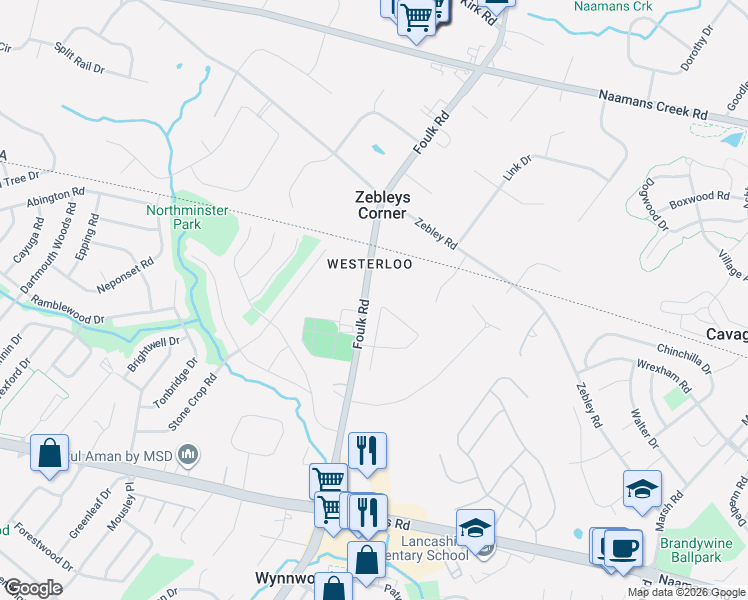 map of restaurants, bars, coffee shops, grocery stores, and more near 2617 Foulk Road in Wilmington