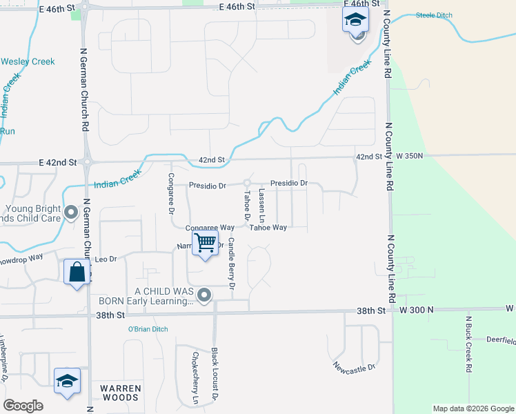 map of restaurants, bars, coffee shops, grocery stores, and more near 4027 Tahoe Drive in Indianapolis