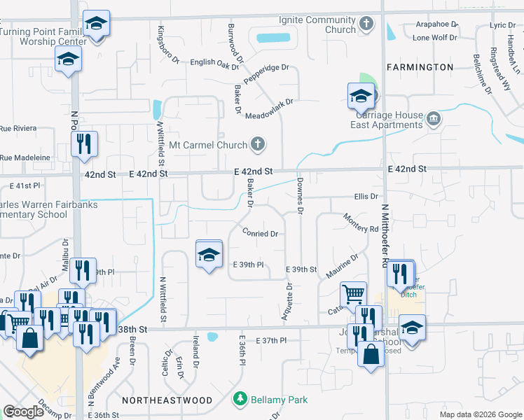 map of restaurants, bars, coffee shops, grocery stores, and more near 9706 Conried Drive in Indianapolis
