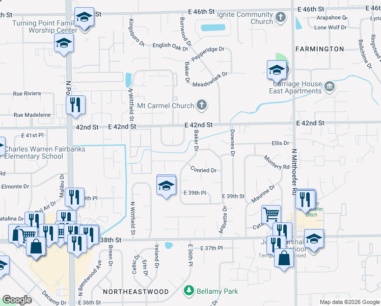 map of restaurants, bars, coffee shops, grocery stores, and more near 9514 Conried Drive in Indianapolis
