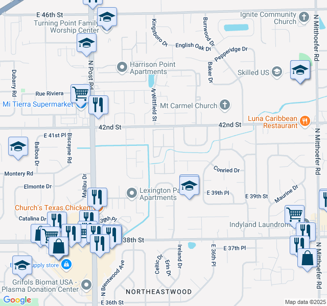 map of restaurants, bars, coffee shops, grocery stores, and more near 4065 Windhill Drive in Indianapolis
