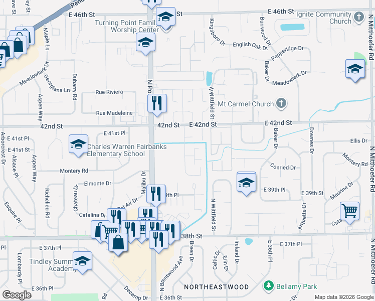 map of restaurants, bars, coffee shops, grocery stores, and more near 4047 North Brentwood Drive in Indianapolis