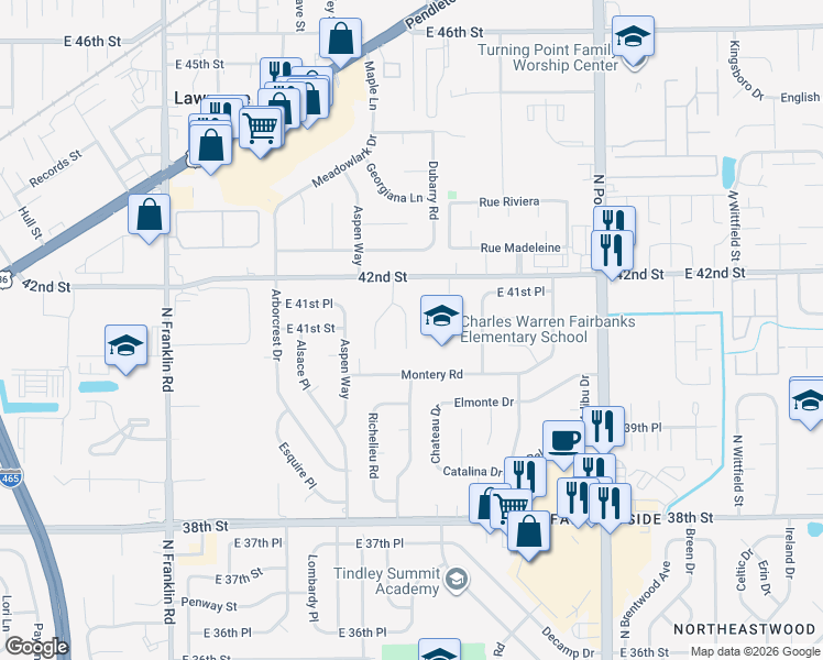 map of restaurants, bars, coffee shops, grocery stores, and more near 4007 Marseille Road in Indianapolis