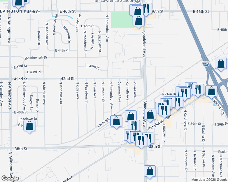 map of restaurants, bars, coffee shops, grocery stores, and more near 4043 North Edmondson Avenue in Indianapolis