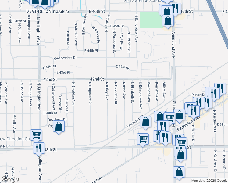 map of restaurants, bars, coffee shops, grocery stores, and more near 4039 North Kitley Avenue in Indianapolis