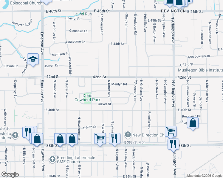 map of restaurants, bars, coffee shops, grocery stores, and more near 4046 North Ritter Avenue in Indianapolis