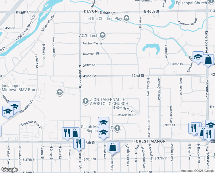 map of restaurants, bars, coffee shops, grocery stores, and more near 4030 Forest Manor Avenue in Indianapolis