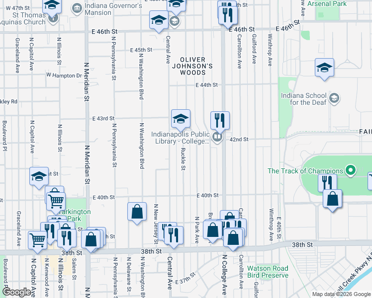 map of restaurants, bars, coffee shops, grocery stores, and more near 4120 North Park Avenue in Indianapolis