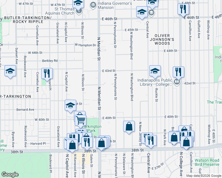 map of restaurants, bars, coffee shops, grocery stores, and more near 4138 North Pennsylvania Street in Indianapolis