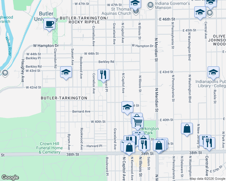 map of restaurants, bars, coffee shops, grocery stores, and more near 4122 Graceland Avenue in Indianapolis