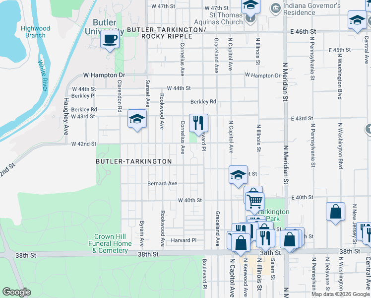 map of restaurants, bars, coffee shops, grocery stores, and more near 4110 Cornelius Avenue in Indianapolis