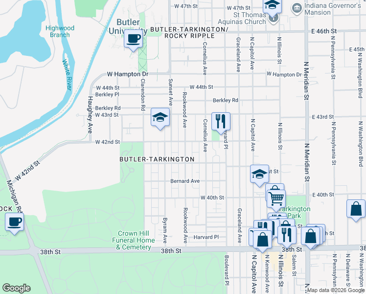 map of restaurants, bars, coffee shops, grocery stores, and more near 4109 Rookwood Avenue in Indianapolis