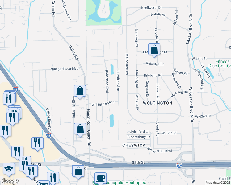 map of restaurants, bars, coffee shops, grocery stores, and more near 4125 Sunshine Avenue in Indianapolis