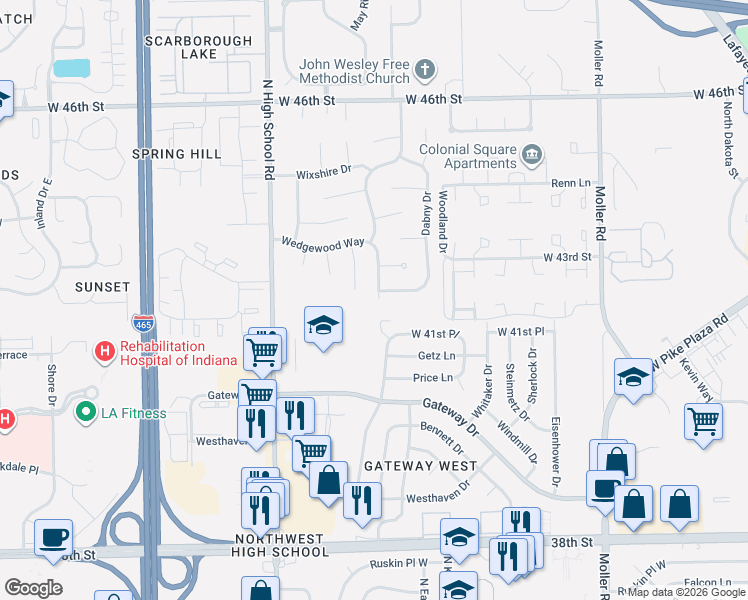 map of restaurants, bars, coffee shops, grocery stores, and more near 4150 North Vinewood Avenue in Indianapolis