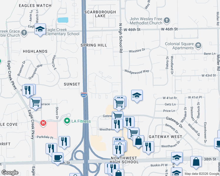 map of restaurants, bars, coffee shops, grocery stores, and more near 6355 Mission Terrace in Indianapolis