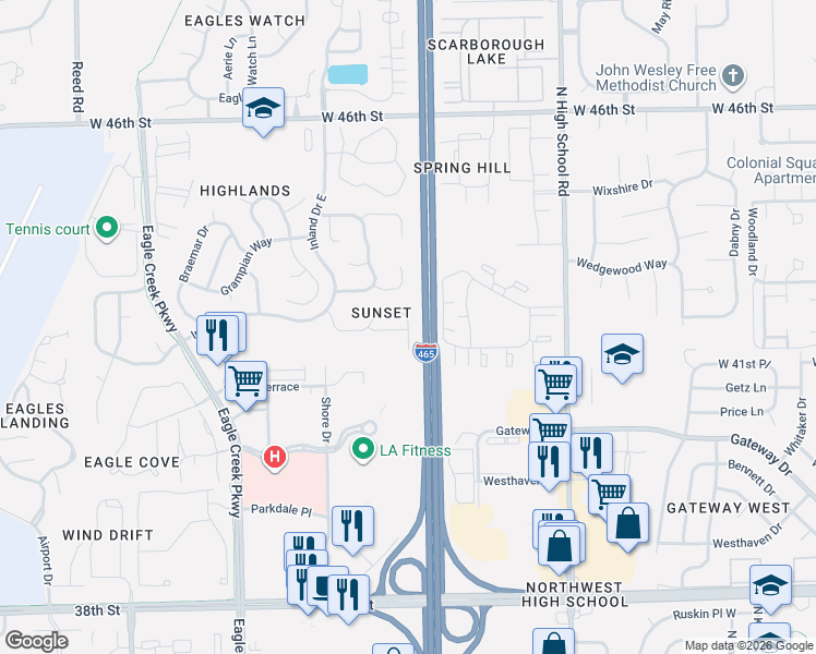 map of restaurants, bars, coffee shops, grocery stores, and more near 4227 Twilight Drive in Indianapolis
