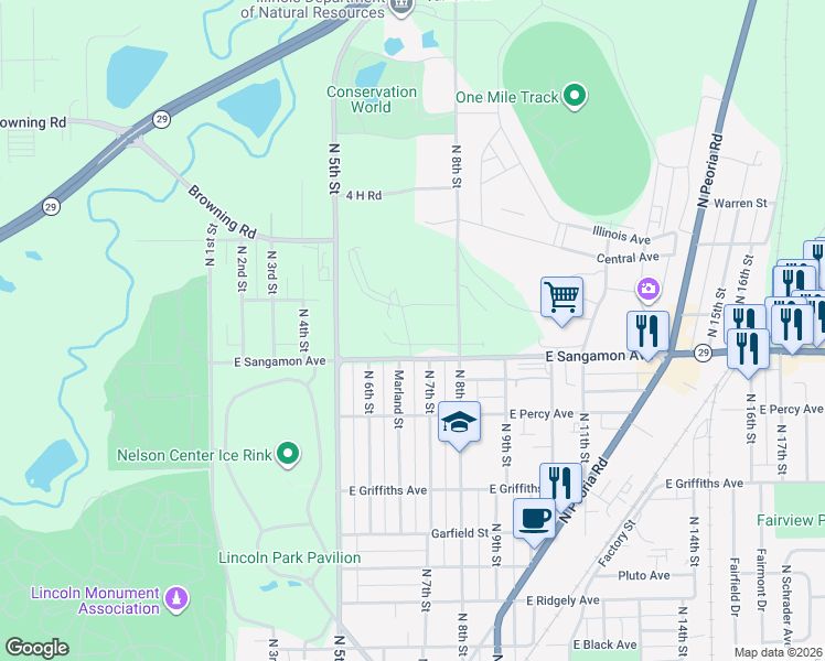 map of restaurants, bars, coffee shops, grocery stores, and more near in Springfield