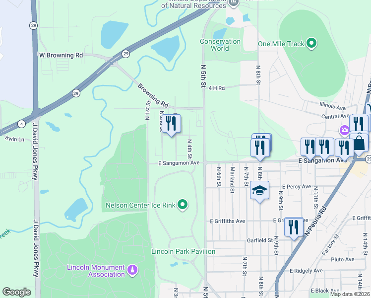 map of restaurants, bars, coffee shops, grocery stores, and more near 401 East Sangamon Avenue in Springfield