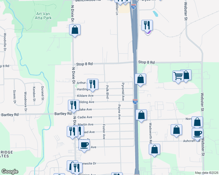 map of restaurants, bars, coffee shops, grocery stores, and more near 2407 Kildare Avenue in Dayton