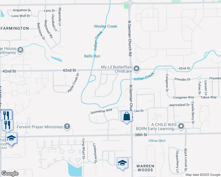 map of restaurants, bars, coffee shops, grocery stores, and more near 4060 Orchard Valley Boulevard in Indianapolis