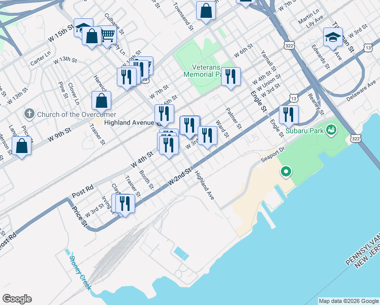 map of restaurants, bars, coffee shops, grocery stores, and more near 2732 West 2nd Street in Chester
