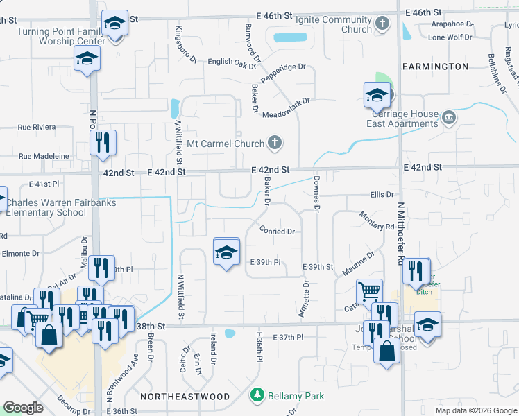 map of restaurants, bars, coffee shops, grocery stores, and more near 9514 Conried Drive in Indianapolis