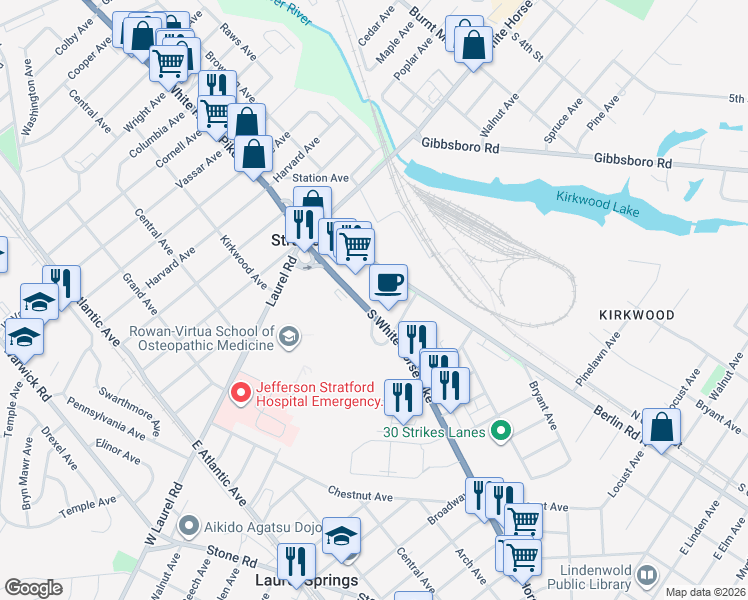 map of restaurants, bars, coffee shops, grocery stores, and more near 56 S White Horse Pike in Stratford