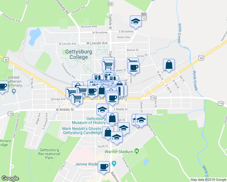 map of restaurants, bars, coffee shops, grocery stores, and more near 25 Carlisle Street in Gettysburg