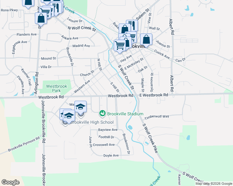 map of restaurants, bars, coffee shops, grocery stores, and more near 9 Terrace Park Boulevard in Brookville