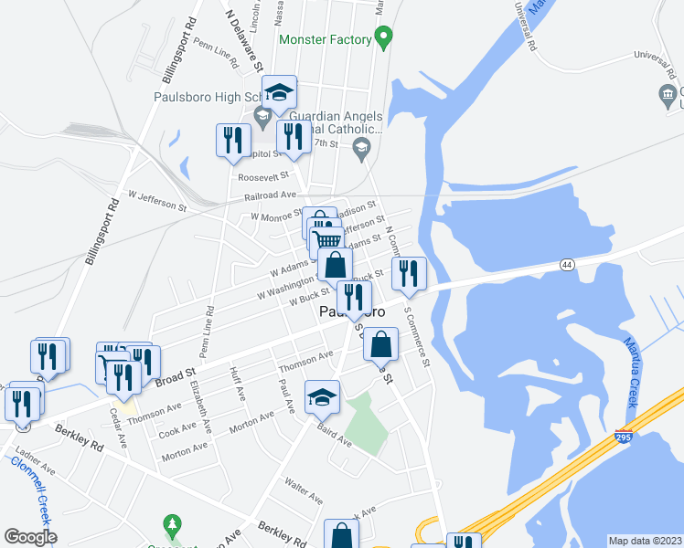 map of restaurants, bars, coffee shops, grocery stores, and more near 1211 North Delaware Street in Paulsboro