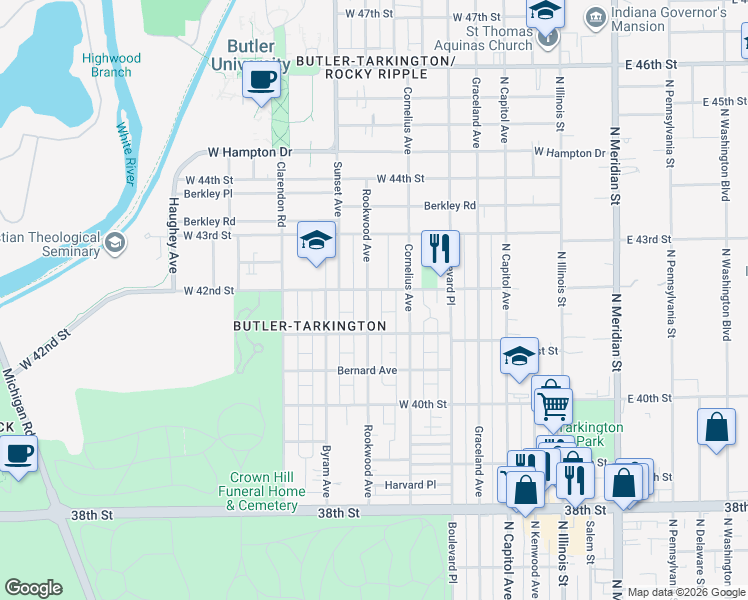 map of restaurants, bars, coffee shops, grocery stores, and more near 4109 Rookwood Avenue in Indianapolis