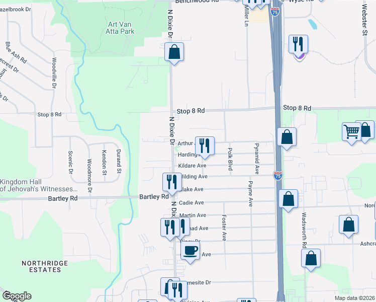map of restaurants, bars, coffee shops, grocery stores, and more near 2029 Kildare Avenue in Dayton