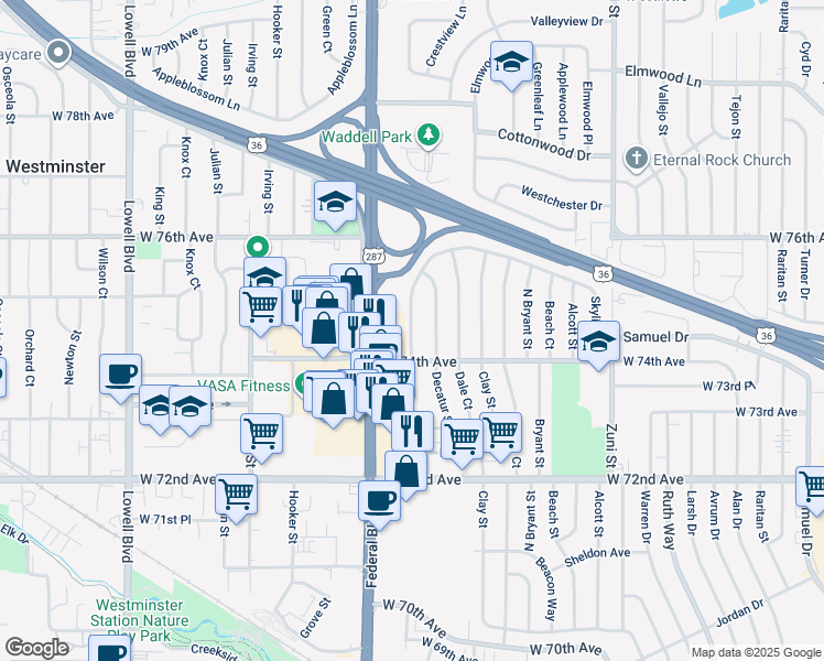 map of restaurants, bars, coffee shops, grocery stores, and more near 7491 Eliot Street in Westminster