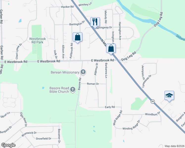 map of restaurants, bars, coffee shops, grocery stores, and more near 5909 Algoma Street in Dayton