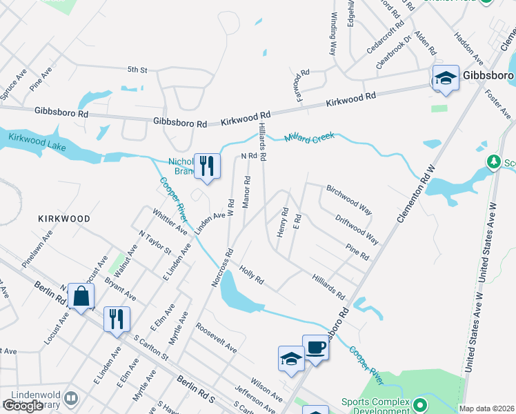 map of restaurants, bars, coffee shops, grocery stores, and more near 103 Hilliards Road in Gibbsboro