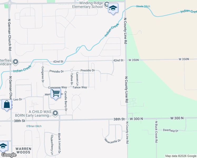 map of restaurants, bars, coffee shops, grocery stores, and more near 4052 Presidio Circle in Indianapolis