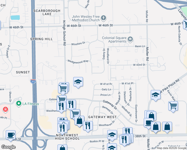 map of restaurants, bars, coffee shops, grocery stores, and more near 5913 Belford Court in Indianapolis