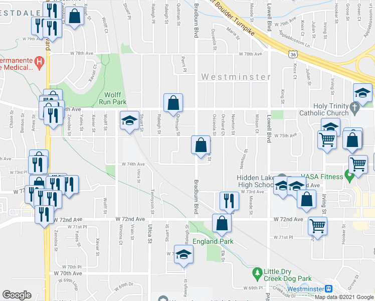 map of restaurants, bars, coffee shops, grocery stores, and more near 7485 Quitman Street in Westminster