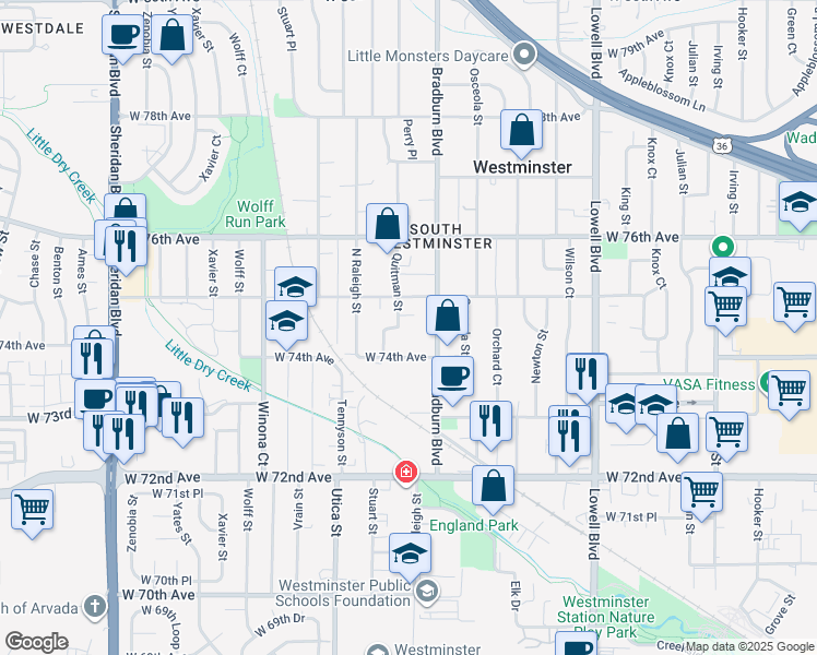 map of restaurants, bars, coffee shops, grocery stores, and more near 7485 Quitman Street in Westminster