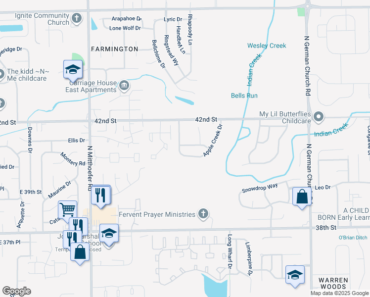 map of restaurants, bars, coffee shops, grocery stores, and more near 4119 Candy Apple Boulevard in Indianapolis