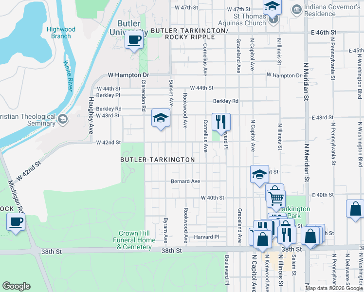 map of restaurants, bars, coffee shops, grocery stores, and more near 4209 Rookwood Avenue in Indianapolis