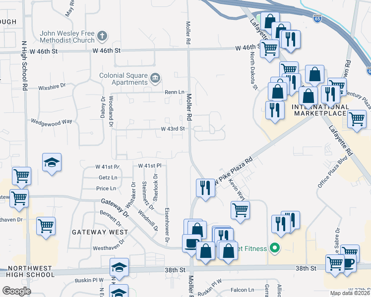map of restaurants, bars, coffee shops, grocery stores, and more near 5448 West 43rd Street in Indianapolis