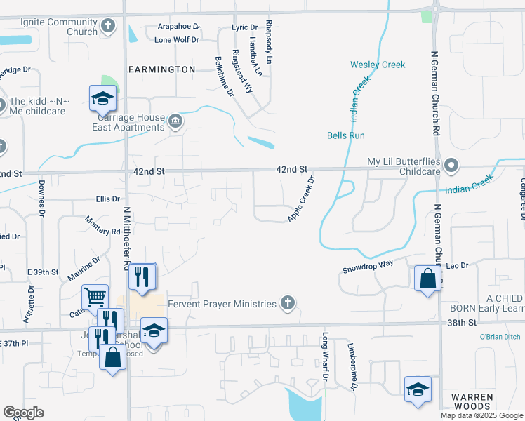 map of restaurants, bars, coffee shops, grocery stores, and more near 4119 Candy Apple Boulevard in Indianapolis