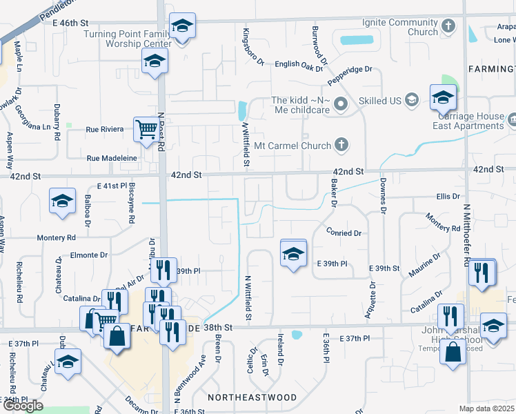 map of restaurants, bars, coffee shops, grocery stores, and more near 9265 East 41st Street in Indianapolis