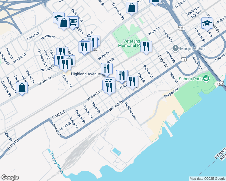 map of restaurants, bars, coffee shops, grocery stores, and more near 2812 West 3rd Street in Chester
